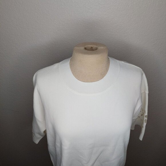 Zara Womens Top Medium Ribbed Short Sleeve Embroidered Flower Sleeves Ivory - Picture 10 of 16